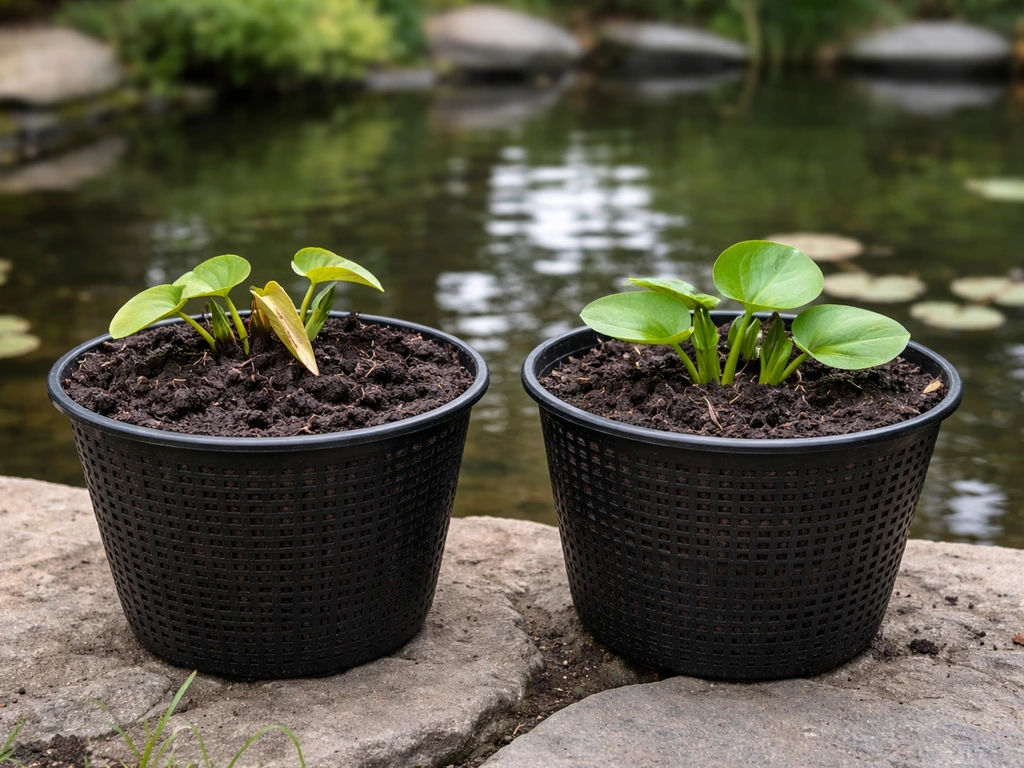 Water lily in a pond with crown buried too deep vs corrected shallow crown position in two adjacent pots.