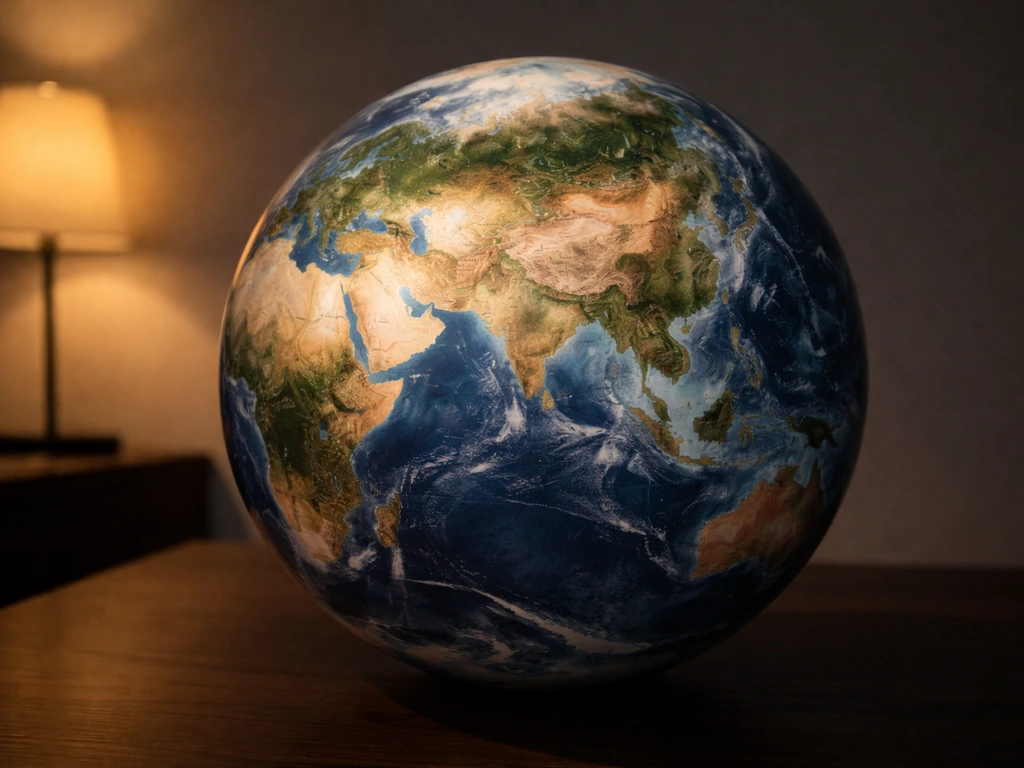 Minimal globe with subtle lighting highlighting Europe, Asia, Japan, India, and North America