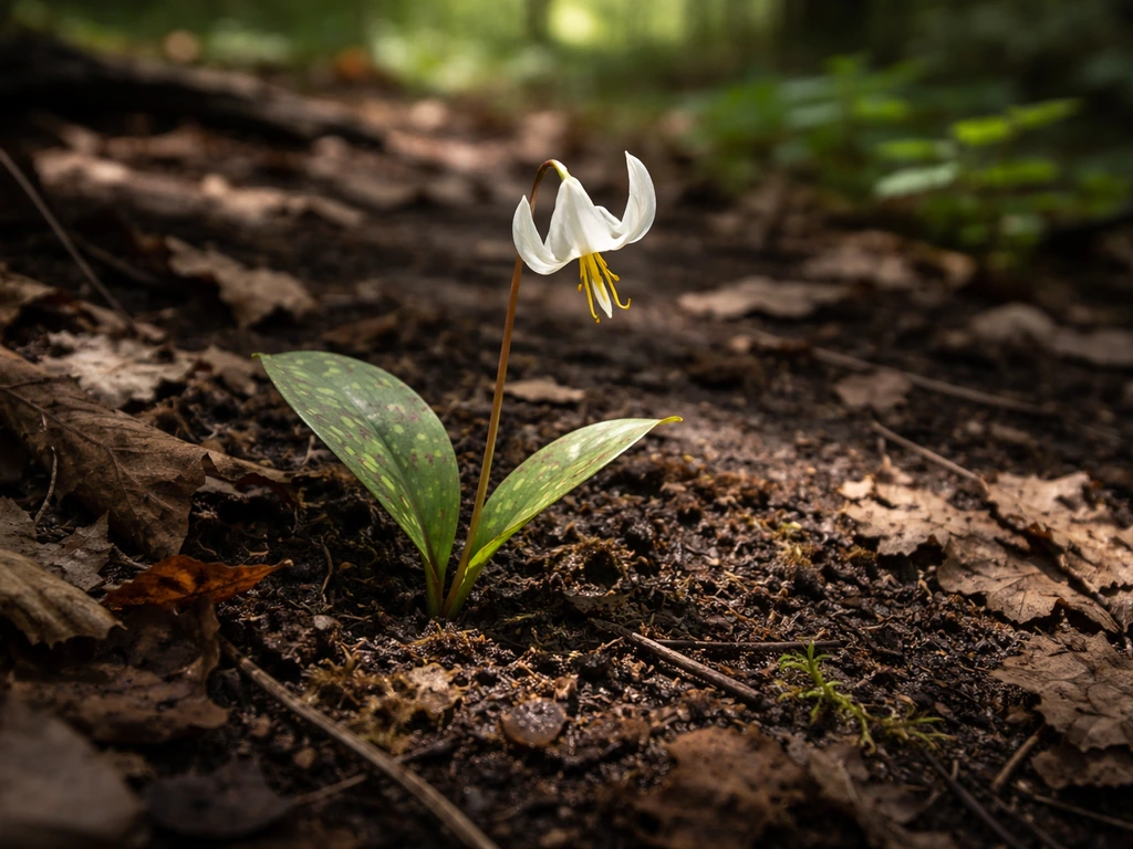 Dappled sunlight under forest trees with leaf litter and a woodland lily growing in rich humus soil