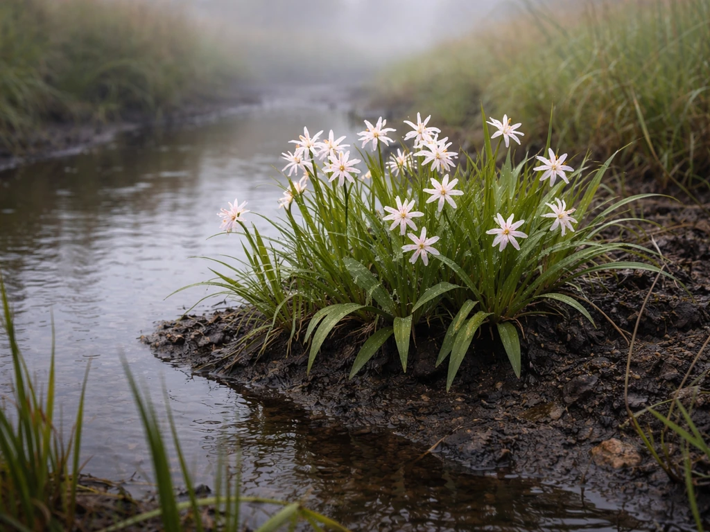 Bog lilies blooming along a moist stream margin with saturated ground and soft morning light.