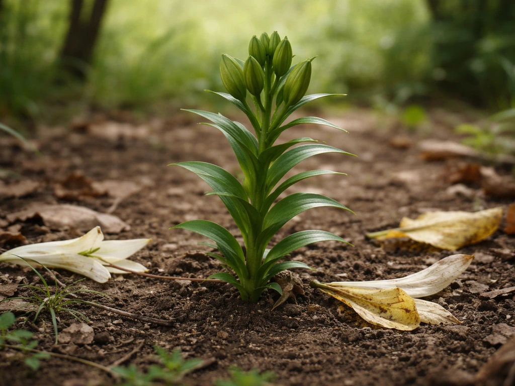 Close-up of a wild lily sprouting in spring with buds toward bloom and wilted leaves nearby.