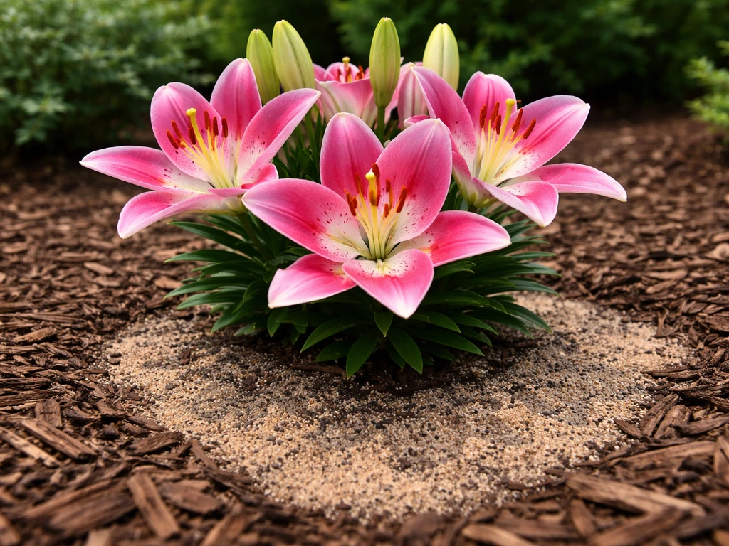 Vibrant lily blooms growing in a mulched sandy-loam garden bed with visible sandy soil texture.