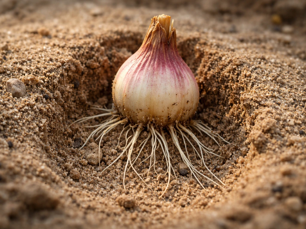 Close-up of lily bulb roots in sandy soil with dry, fast-draining gaps in the root zone.