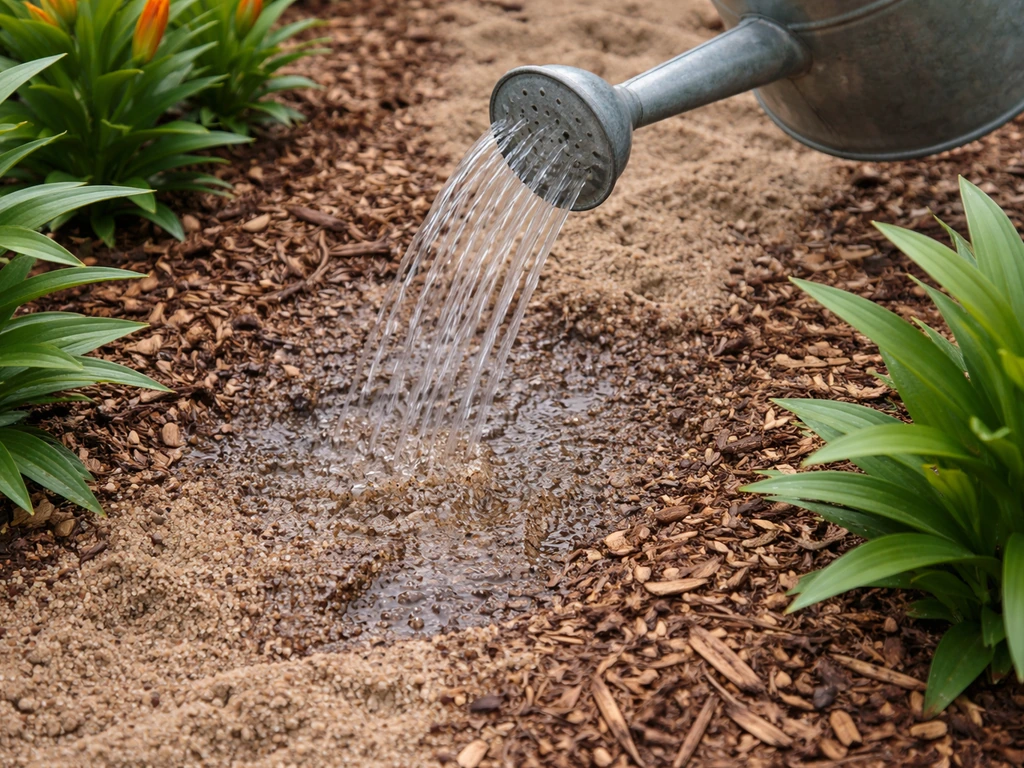 A watering can pours water onto a mulched lily bed with sandy soil that absorbs quickly.