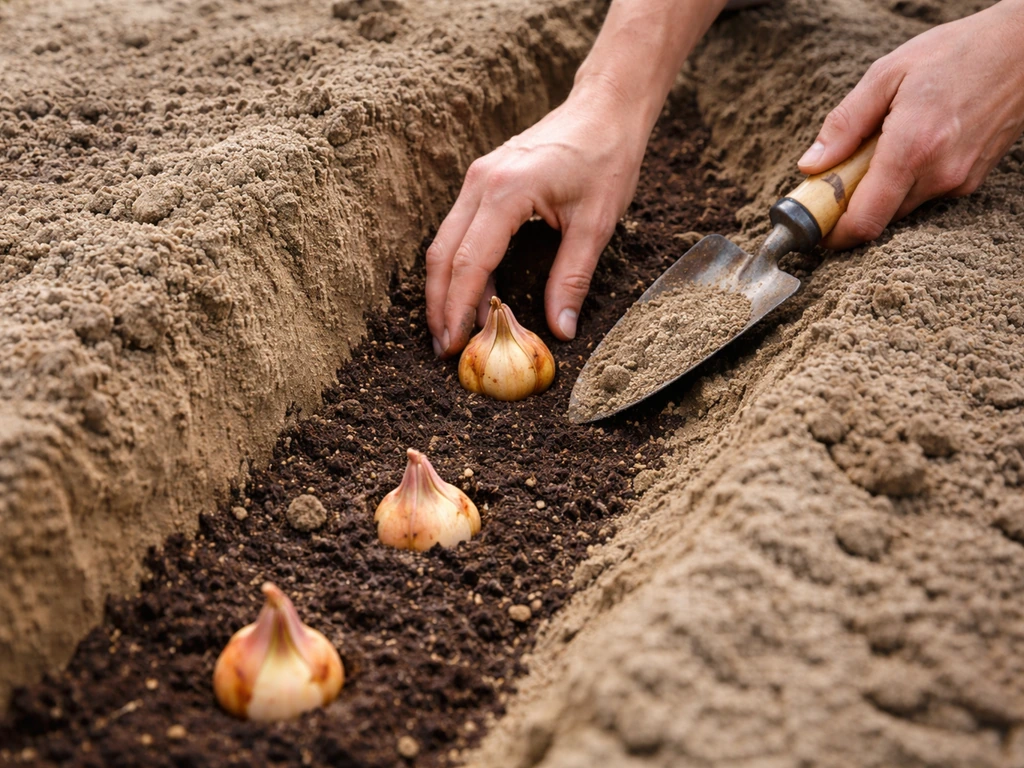 Gardener sets lily bulbs into a deep trench in sandy soil mixed with compost.