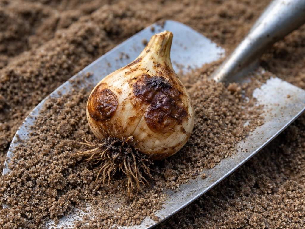 Bulb dug from loose sandy soil with visible soft rotting spots on a trowel, outdoors natural light