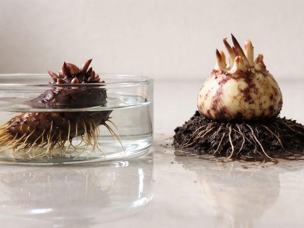 Close-up comparison: water lily rhizome in water versus lily bulb out of water on damp soil.
