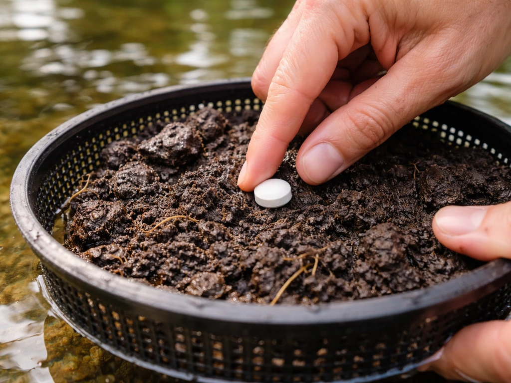 A fertilizer tablet pressed into water lily planting soil inside its basket, held above shallow water