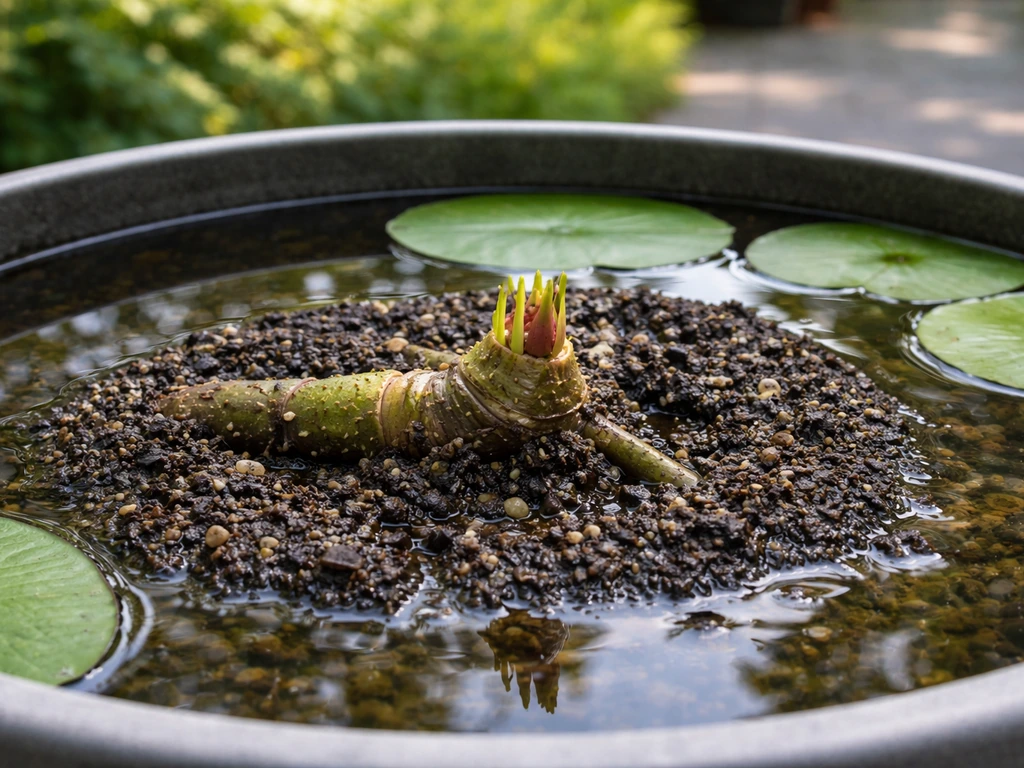 Close-up of a water lily rhizome planted in soil with the crown at the water-soil surface.