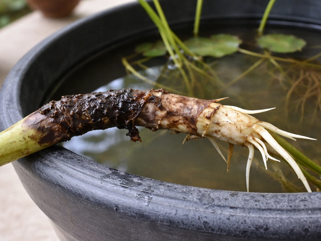 Pulled water-lily rhizome showing dark mushy rot beside a firm healthy section in a container