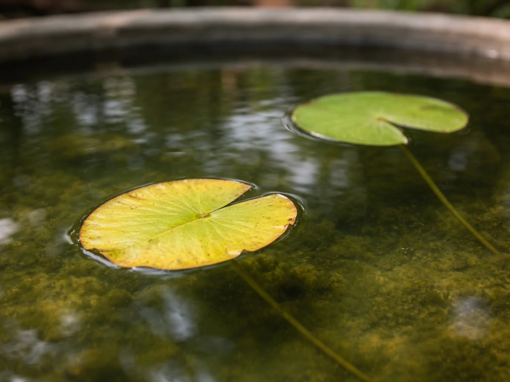 Yellow water lily pads with algae-tinted pond water, showing yellowing leaves near a healthy green pad.