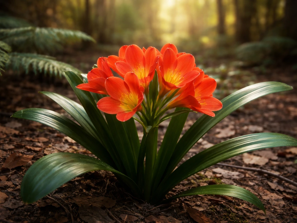 Close-up of a fire lily in bloom with warm orange-red flowers in a leaf-litter woodland understory.