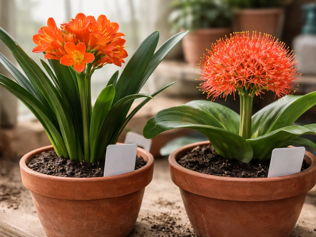 Close-up of potted “fire lily” plants with small plant tags beside them on a simple shelf.