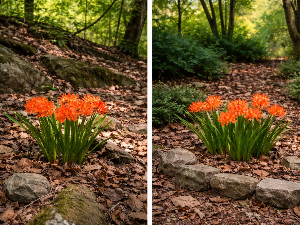 Fire lily clump in leaf-litter woodland understory beside a small rocky-slope garden bed under trees