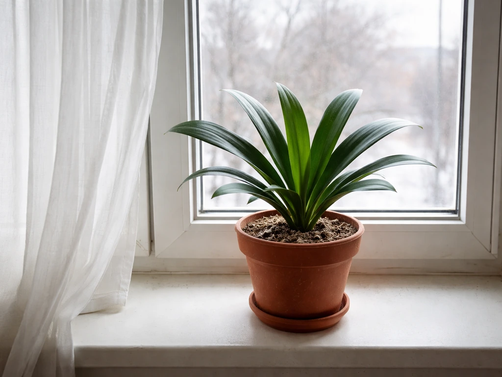 Clivia plant in a dry pot on a bright windowsill, suggesting a cool winter rest period.