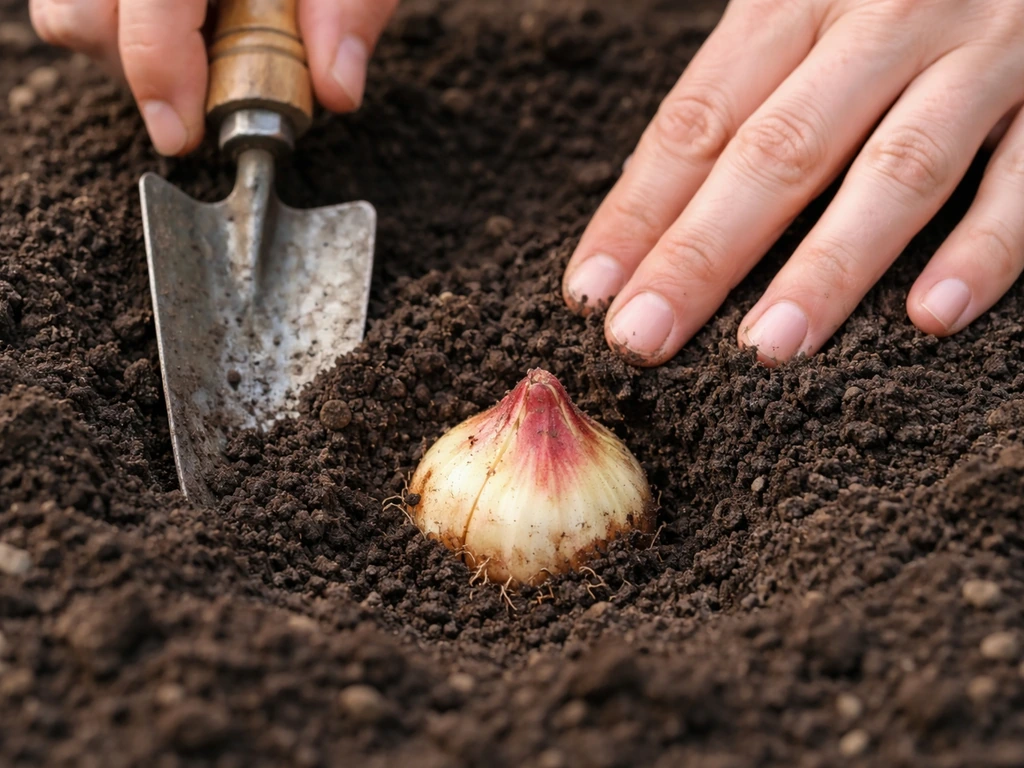 Close-up of a gardener measuring planting depth and placing lily bulbs in rich soil