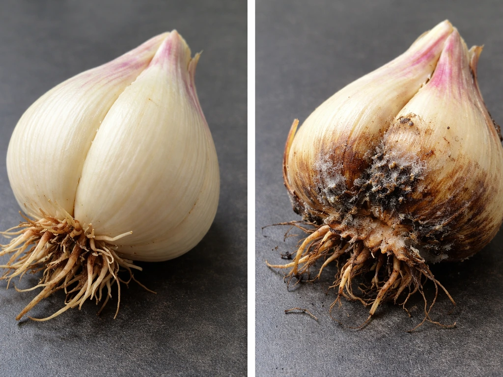 Close-up side-by-side lily bulbs showing firm healthy bulb and mushy basal rot bulb with dark discoloration.