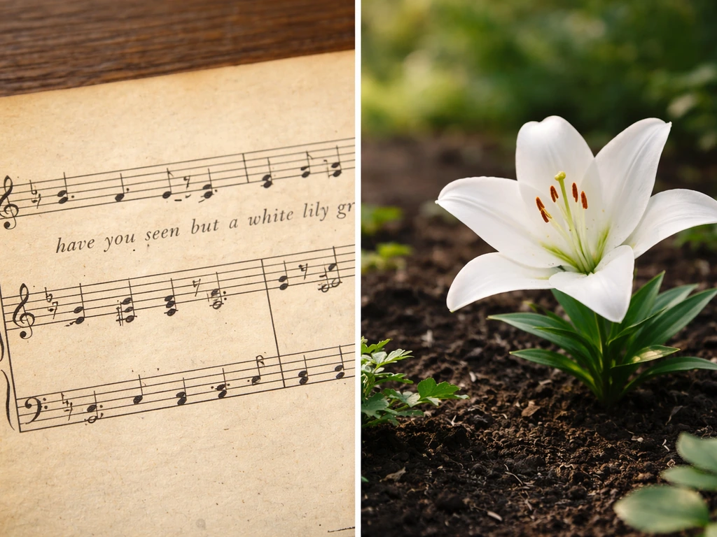 Split image: old sheet music lyric line on left and a blooming white lily in a garden bed on right.