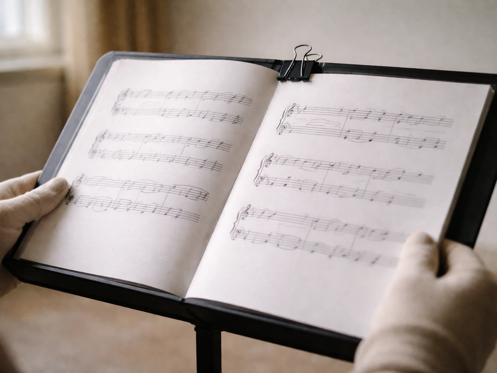 Close-up of hands selecting printed sheet music on a music stand with visible staff lines.