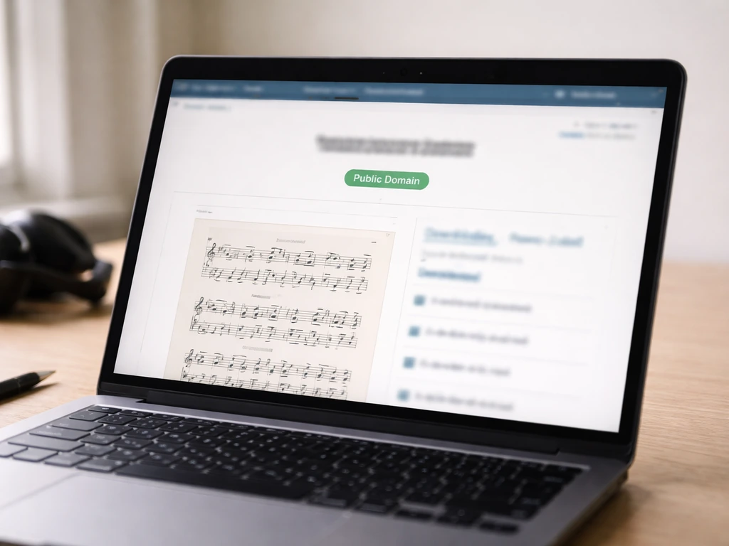 Laptop screen showing a public-domain music library entry page with a badge-style label, no people.