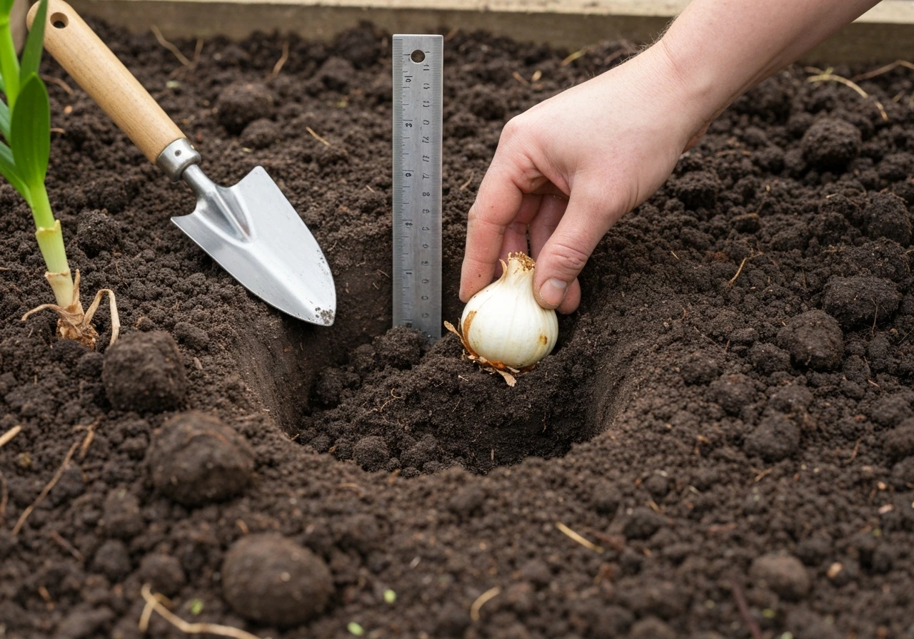Gardener hand placing a white lily bulb into prepared soil beside a ruler and small trowel.