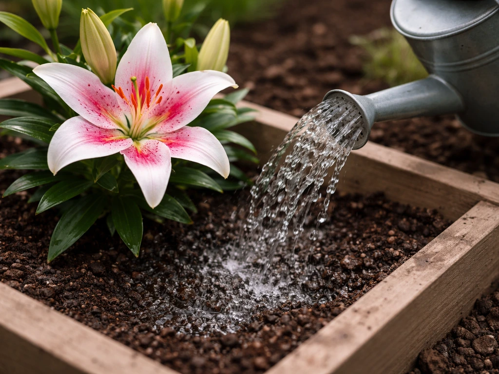 Watering a lily in well-draining raised soil with a watering can, no standing water visible.