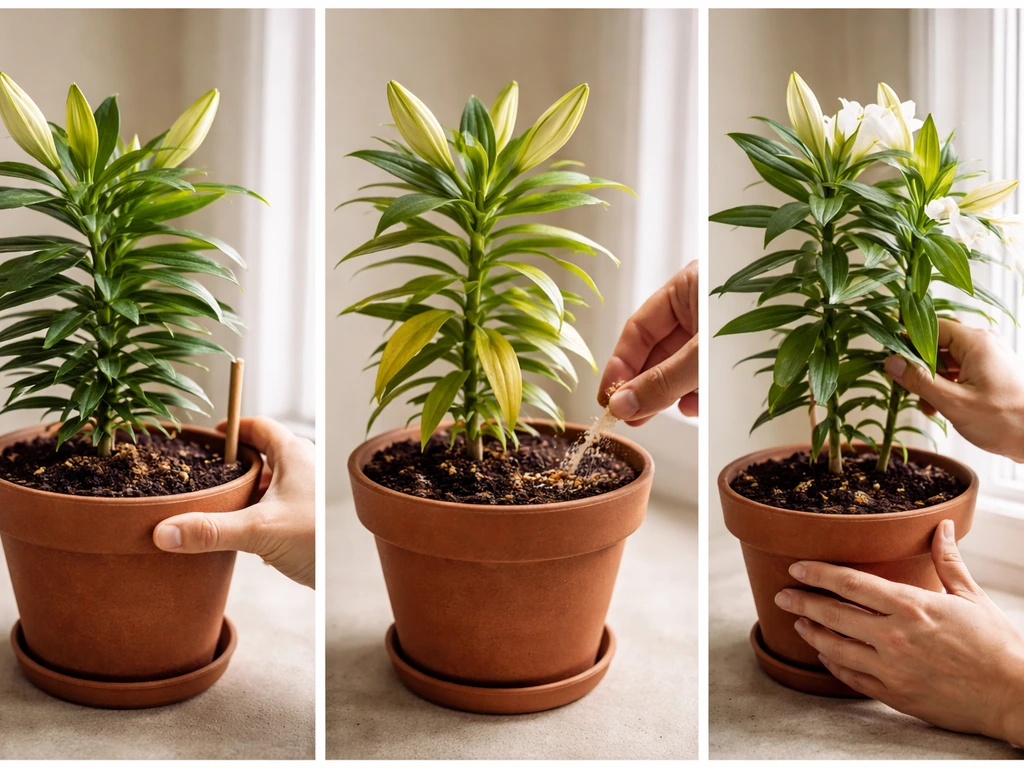 Three-panel photo triptych of a potted white lily showing no blooms, yellow leaves, and drooping growth with quick fixes