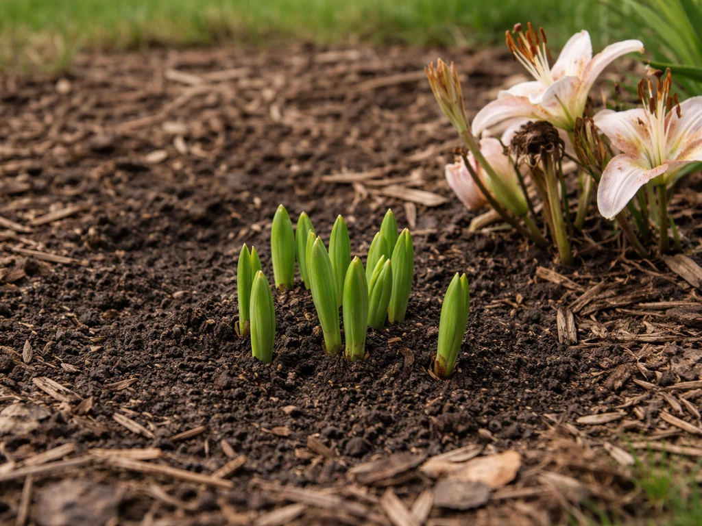 Early spring outdoor lily shoots emerging from soil with a few faded blooms nearby