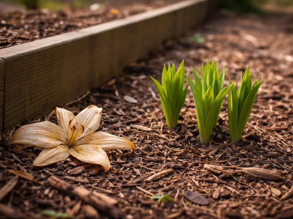 Faded dead lily bloom and fresh green shoots emerging in the same spring planting bed.