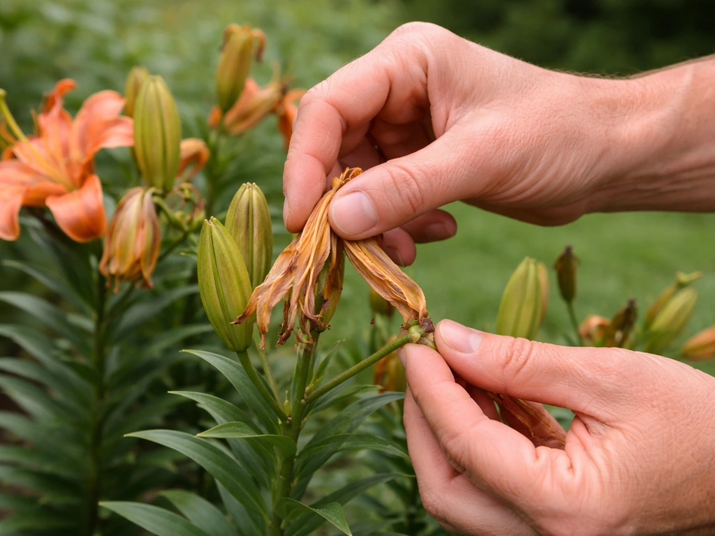 Gardener deadheading faded lily flowers, keeping green leaves and stem intact in a simple garden bed.
