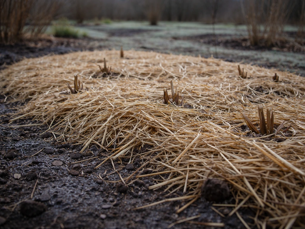 Lily bed in late winter covered with 3–4 inches of straw mulch, ground slightly frosted