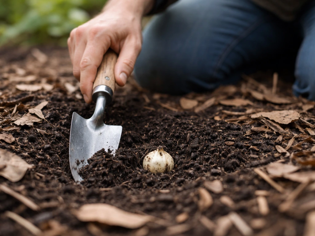 Gardener kneeling in soil, using a hand trowel to dig near a dormant bulb for a health check