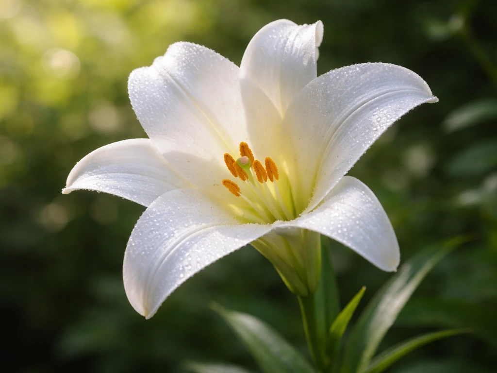 Close-up of a blooming white lily with golden pollen, glowing petals, and soft green bokeh background.