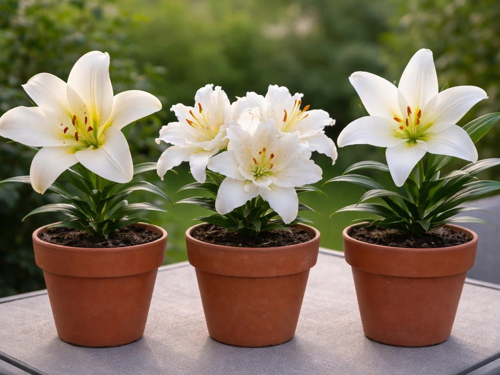 Three potted white lilies side-by-side showing distinct flower shapes and pale internal markings.