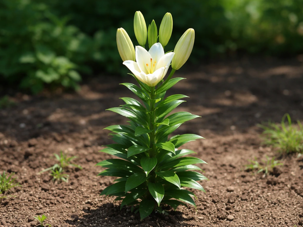 White lily plant with buds in full sun, healthy green leaves in a bright garden spot.