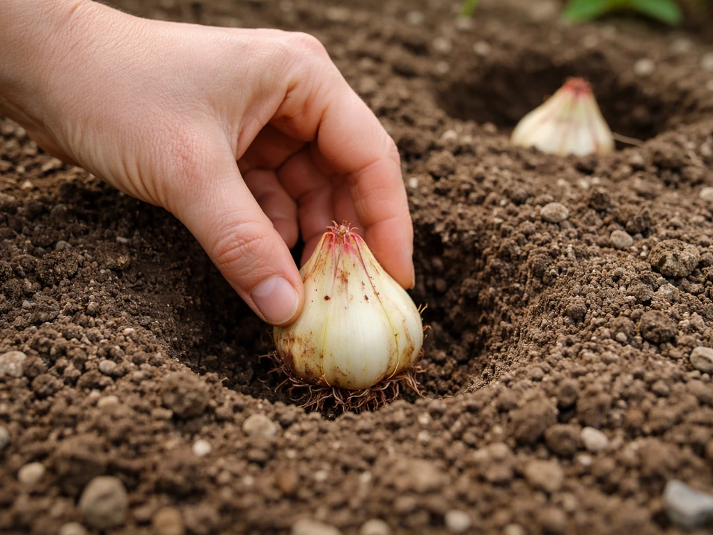 Close-up of lily bulb being planted in loose, well-draining soil with visible bulb top and correct spacing.