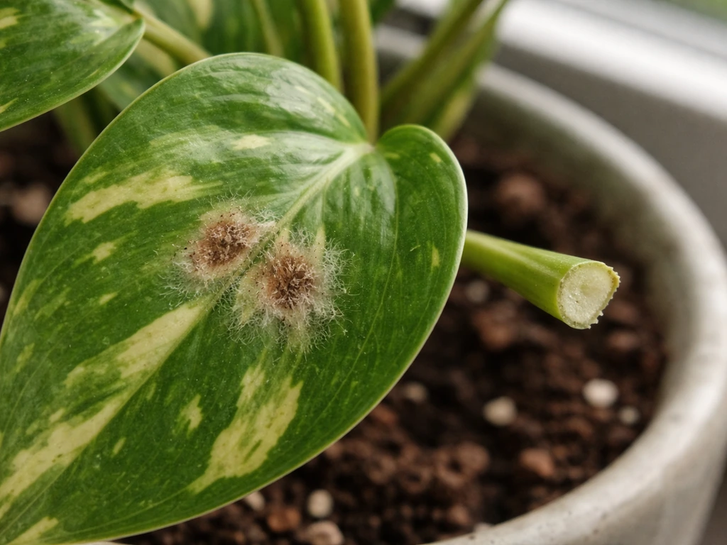 Close-up of a plant leaf with early gray mold spots and a nearby trimmed, affected tissue area