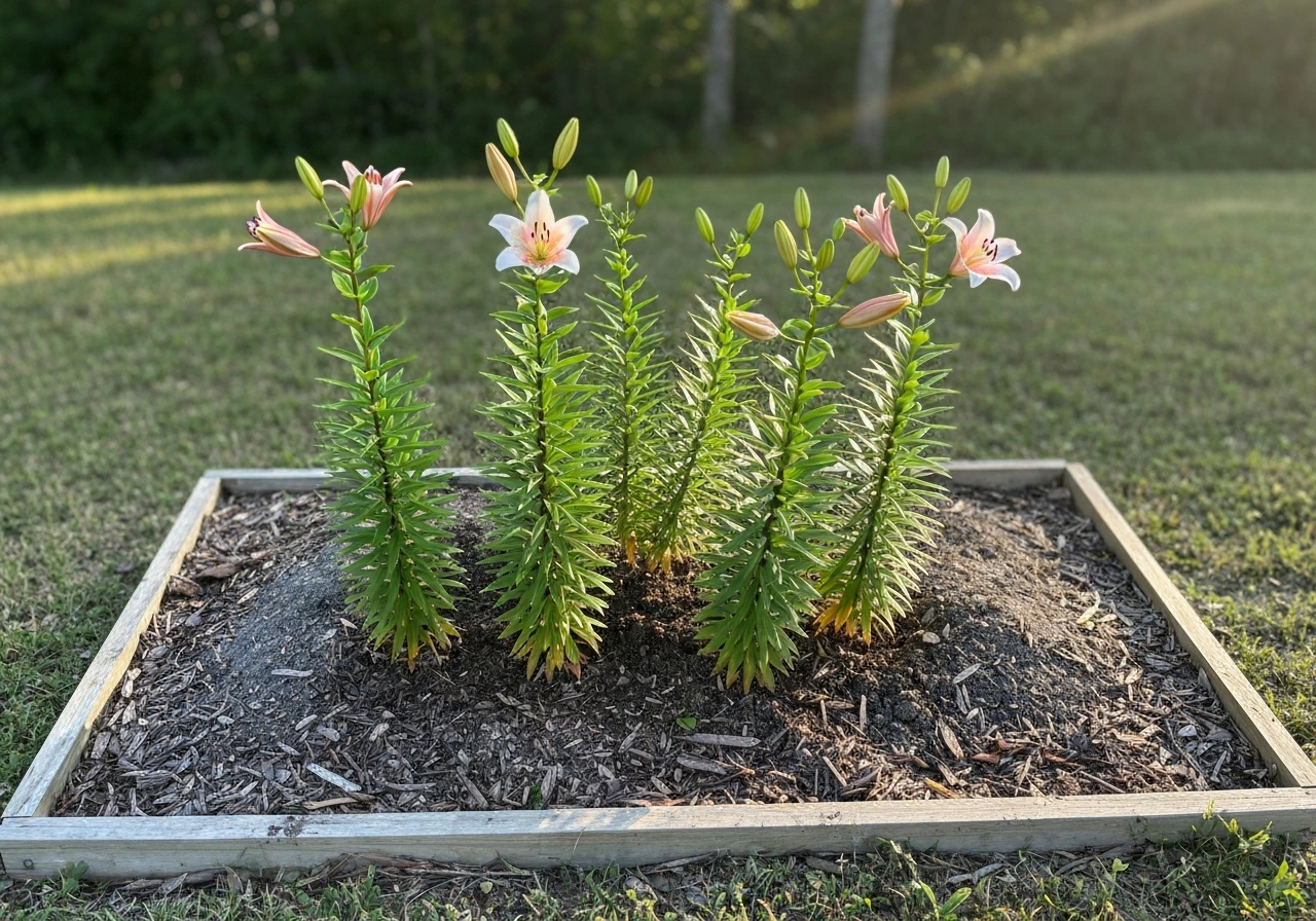 Sunny Florida garden bed with healthy true lilies blooming from raised, well-drained soil