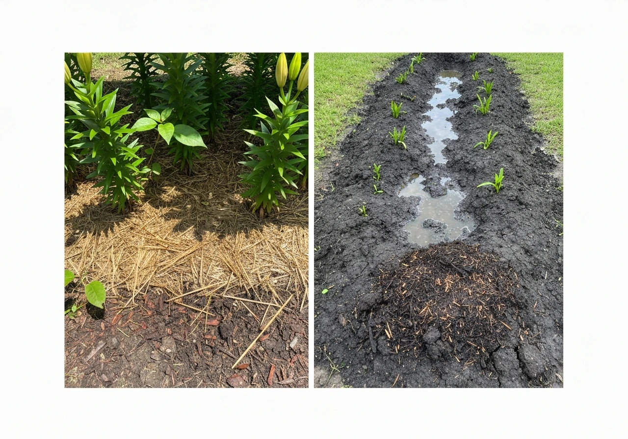 Split garden view: well-drained lily spot with root shading vs waterlogged soil where lilies struggle.