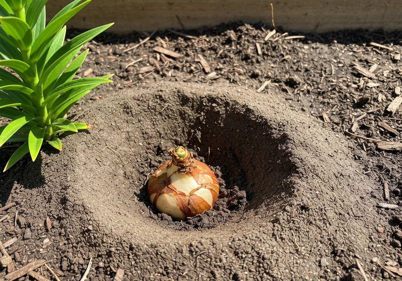 Close-up of a lily bulb in a mounded raised bed with well-draining, aerated soil.