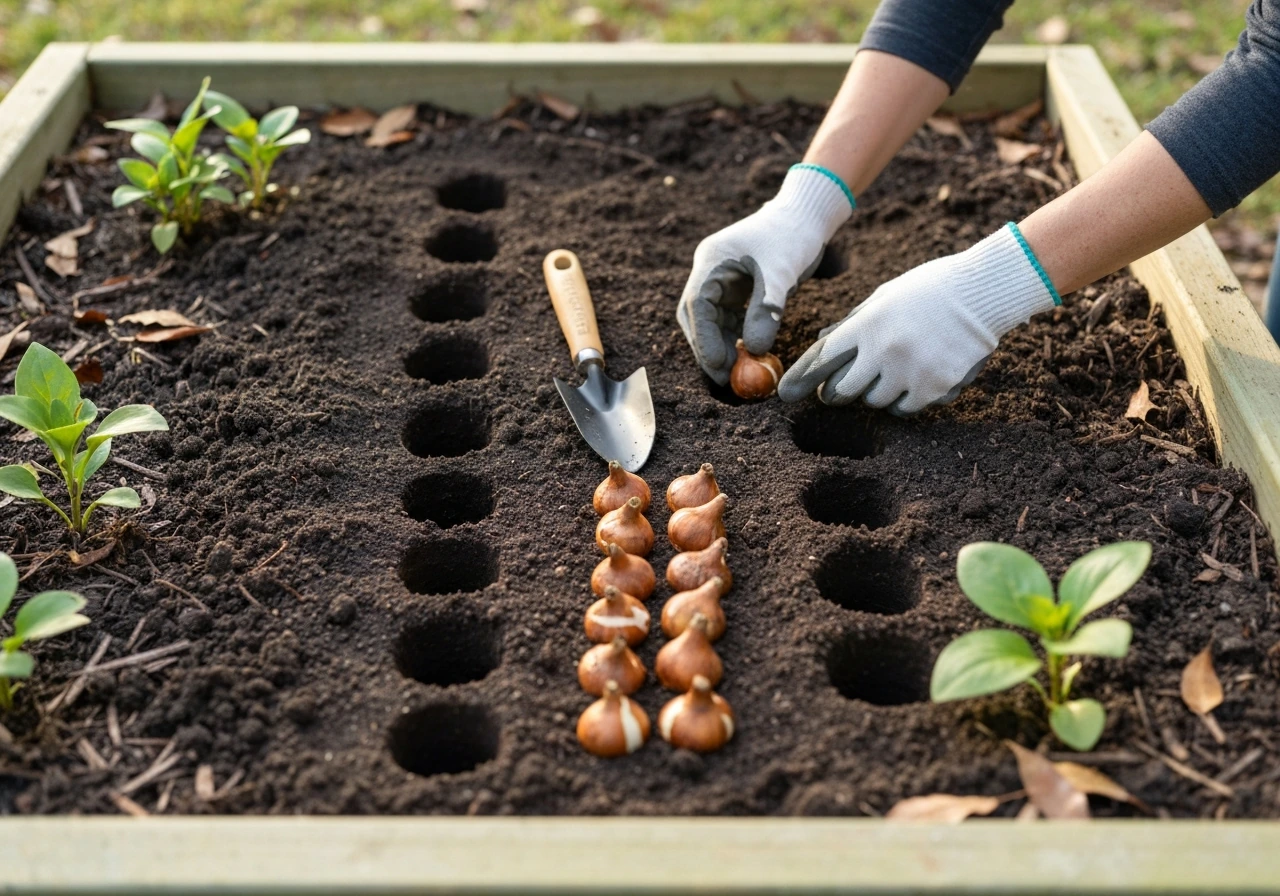 Gloved hands placing lily bulbs into a garden bed in fall/early winter, with bulbs laid out nearby.