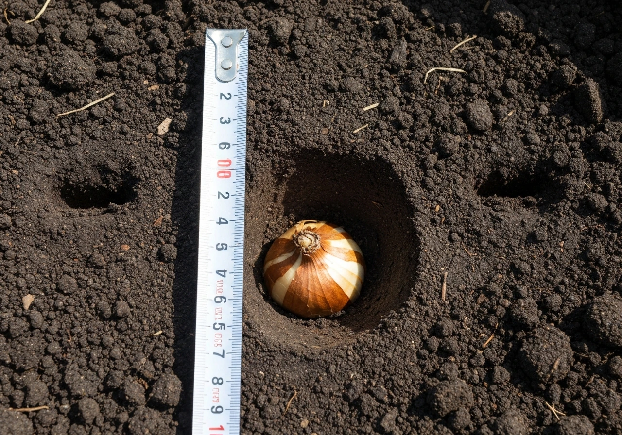 Close-up of a lily bulb set in soil with a measuring tape showing about 6 inches depth and space