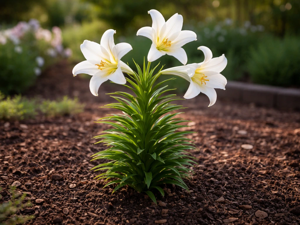 White Easter lily blooms in a sunlit outdoor soil bed with healthy green leaves