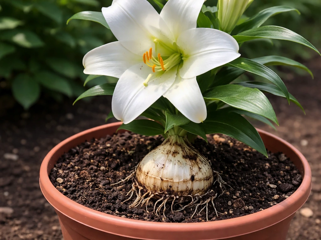 White Easter lily in a pot with visible bulb and roots at the soil line.