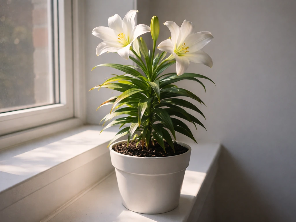 Indoor potted Easter lily on a window showing bright indirect light versus strong sun beam scorch risk.