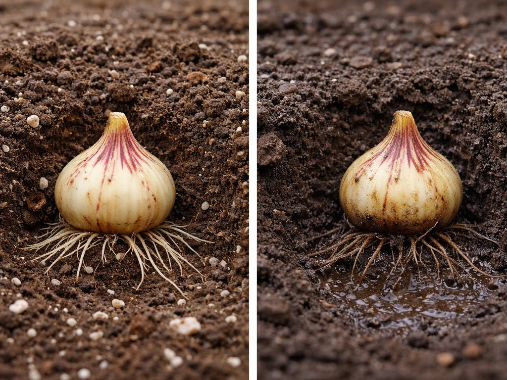 Close-up comparison of well-drained bulb soil mix with perlite/compost texture and damp, compacted soil.