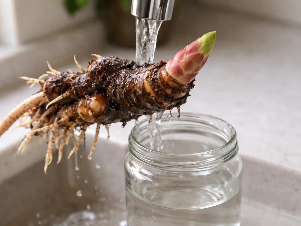 Healthy canna rhizome with a visible growing eye being rinsed and placed into a water container