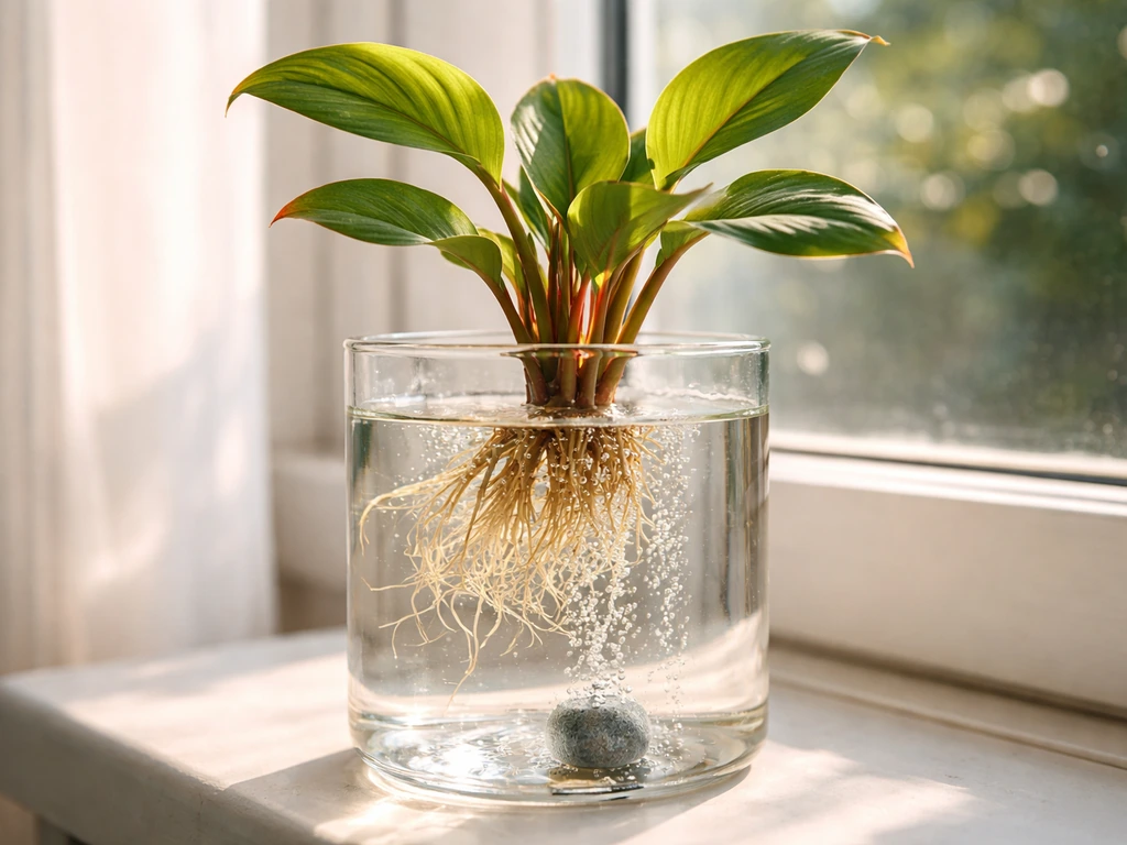 Canna plant in clear water container on a sunny windowsill with an air stone bubbling oxygen.