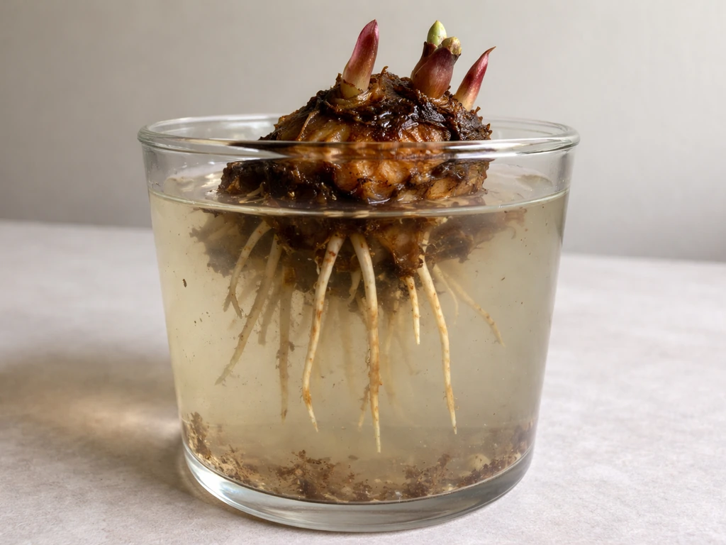 Close-up of a water-grown canna rhizome with brown mushy rot, slimy roots, and cloudy water.