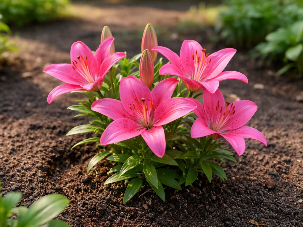 Sunlit garden bed with healthy pink lilies blooming in well-drained soil